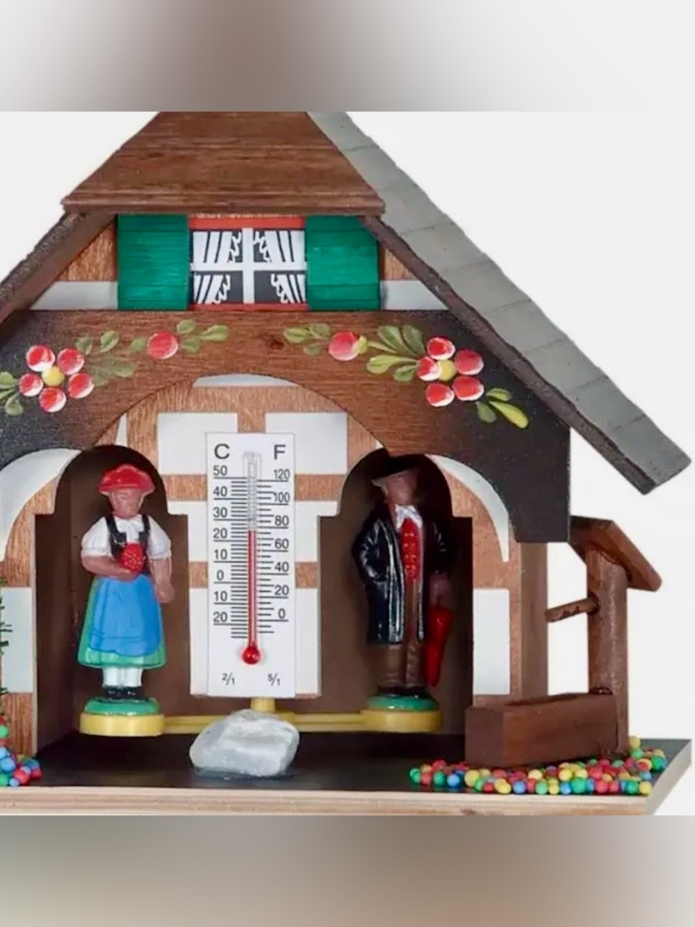 Handcrafted Wooden Cuckoo-Style Chalet Thermometer with Dancing Figures